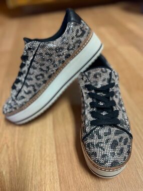 Chelsea & Violet Leopard Crystal Platform Sneakers - Black/White